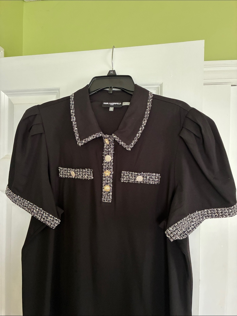 Karl Lagerfeld Black Short-Sleeve Polo with Tweed Trim - Picture 4 of 6